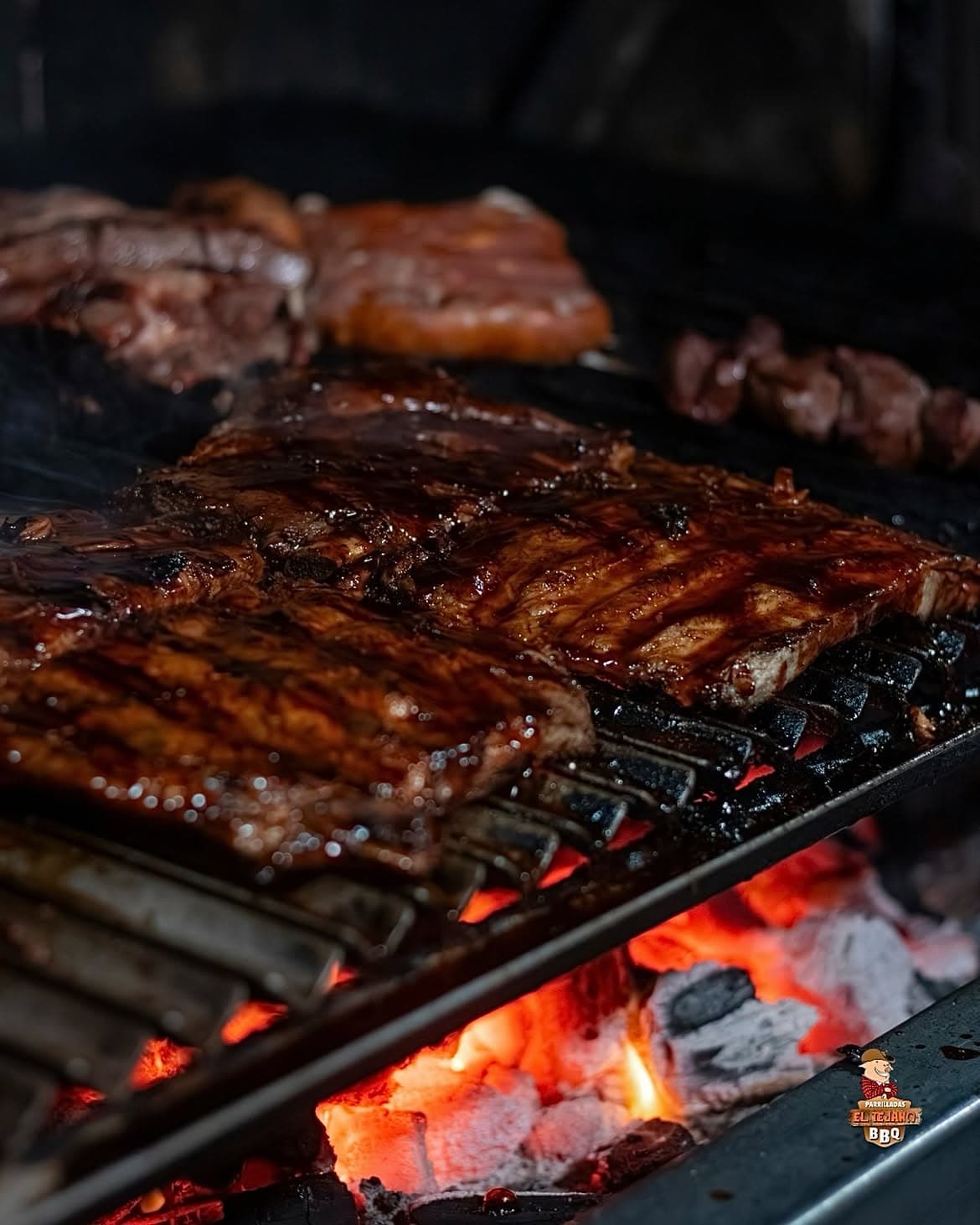Costillas y brochetas sobre la parrilla de carbón encendida